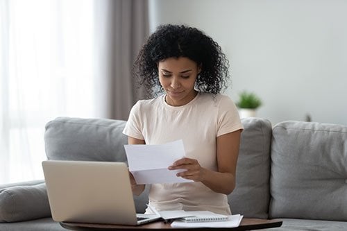 woman looking at financial options